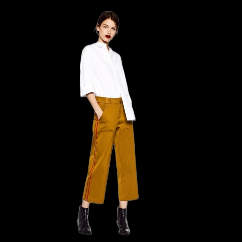 ZARA TRAFALUC Women's Military Cropped Jeans Khaki with Red Side Stripes M
